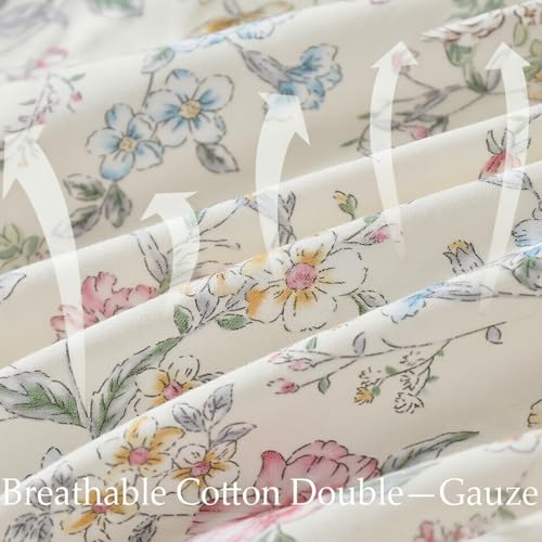 Image of FADFAY Twin XL Double Gauze Floral Sheet Set, Soft Breathable Cotton Bedding Set with Fitted Sheet, Flat Sheet & Pillowcases, Lightweight Multicolor Botanical Sheets