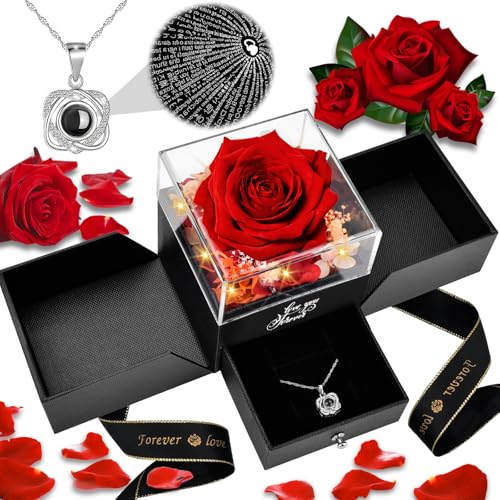 Mothers Day Gifts for Mom: Forever Real Rose with Heart I Love You Necklace Christmas Birthday Anniversary Valentines Day Galentines Gifts for Women Her Girlfriend Wife Grandma Romance Preserved Real Flowers Necklace