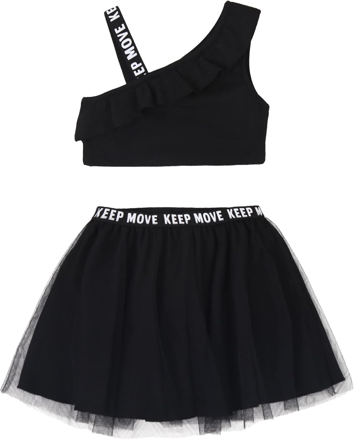 Kids Girls One Shoulder Crop Top with Tutu Skirts Sports/Dance/Daily Dress Outfit