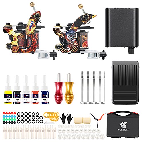 EasyTattoo - Kit de tatuaje profesional (2 ametralladoras de tatuaje, 5 tintas de colores, con funda para el pedal del pie y cable de clip, empuñaduras de tatuaje, tubos de tatuaje desechables