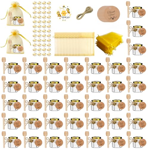 Hapneyea 40 paquetes de latas de miel de vidrio de 1,5 onzas con cucharas,colgantes de abejas,bolsas de regalo,tarjetas de agradecimiento,pegatinas   adecuadas para regalos para bebés,bodas y fiestas