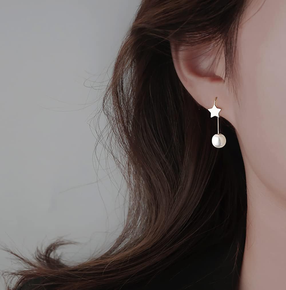 Reffeer Solid 925 Sterling Silver Pearl Drop Earrings Dangle for Women Pearl Dangle Earrings Star Drops - Image 2