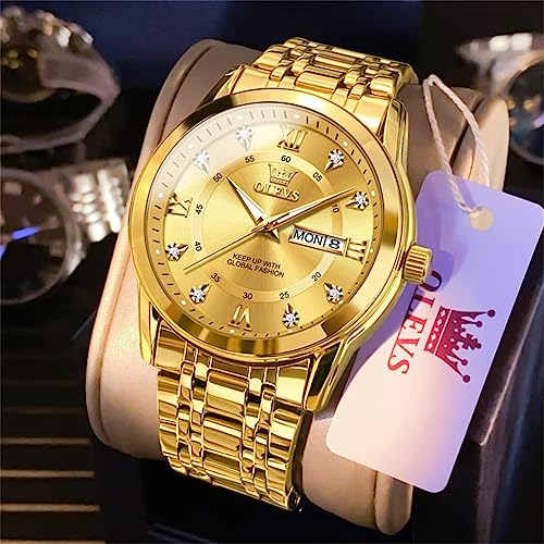 OLEVS Watch for Men Luxury Gold Mens Watch with Day and Date Waterproof Gold Stainless Steel Men's Watch Diamond Roman Numerals Dress Men's Wrist Watches Analog Quartz Watch Men,Reloj de Hombre