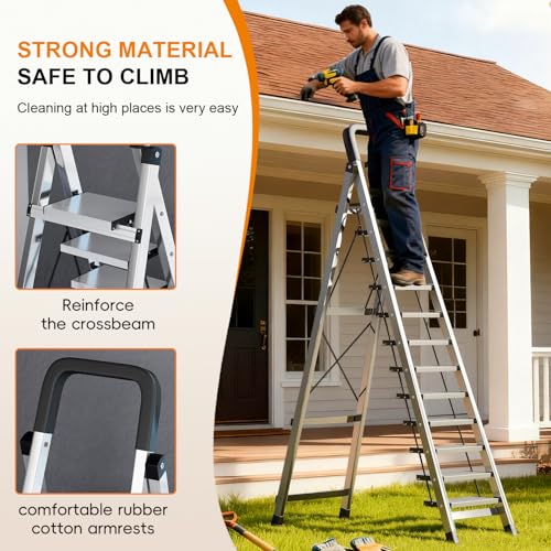 Image of 11 Step Ladder with Handrail,Folding Step Stool Heavy Duty,Protable Step Ladders with Anti-Slip Widen Pedals,Sponge Handrail,Safe-Lock Design,Tall Kitchen /Closet Step Ladder