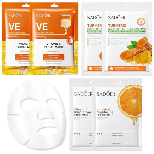 Maschera in gel alla vitamina C, maschera all'argilla con curcuma e vitamina C, maschera in tessuto alla vitamina C, maschera alla vitamina C, leviga e idrata, per tutti i tipi di pelle. (6 pezzi)
