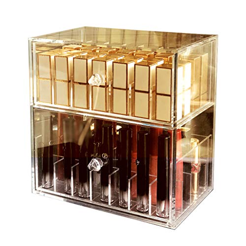 Pantalla 56 Rejillas Caja de almacenamiento de joyas Acrílico desmontable Organizador de cosméticos a prueba de polvo Lápices labiales Organizador de maquillaje soporte (2 cajones transparentes)