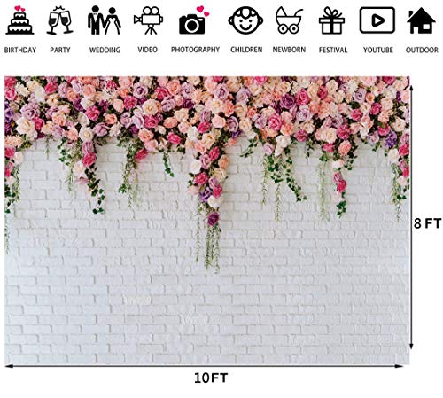 Ltlyh 10X8Ft White Brick Wall Flowers Background Spring Theme Photography Backdrop For Mother's Day Valentine Wedding Bridal Baby Shower Birthday Party Decor Banner Portrait Photo Booth Prop 134…… #TOP2