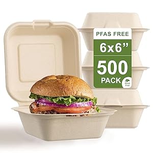 [500 COUNT]Sugarfiber by Harvest Pack PFAS FREE 6 X 6″ Compostable Clamshell Food Containers, Heavy-Duty Hinged Container, Disposable Bagasse Eco-Friendly Natural Sugarcane Takeout to go Box