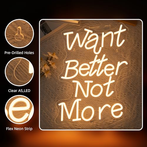 Image of Want Better Not More Neon Signs for Wall Decor Gym Neon Light Up Fitness Club Bar Party Exercise Light Sign in Home Gym Warm White Letters LED Art Gifts for Teens and Adult