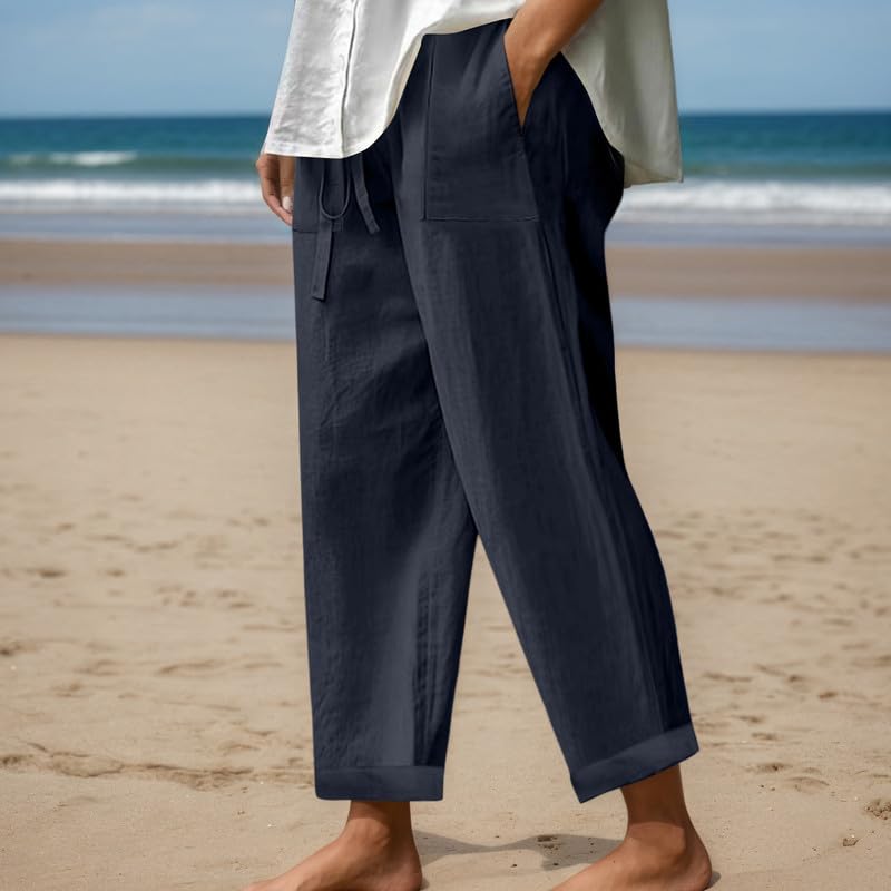 Womens Cotton Linen Wide Leg Long Pants Elastic High Waist Drawstring Lounge Pants Casual Summer Trousers with Pockets2