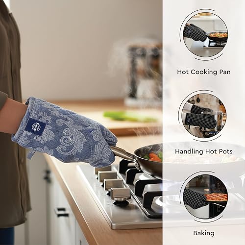 Image of Encasa XO 100% Cotton Apron Set for Women & Men with Adjustable Apron, Oven Gloves & Pot Holder (Pack of 3) Combo, Heat-Resistant, Soft & Durable for Cooking, Baking & Grilling (Floral Blue)