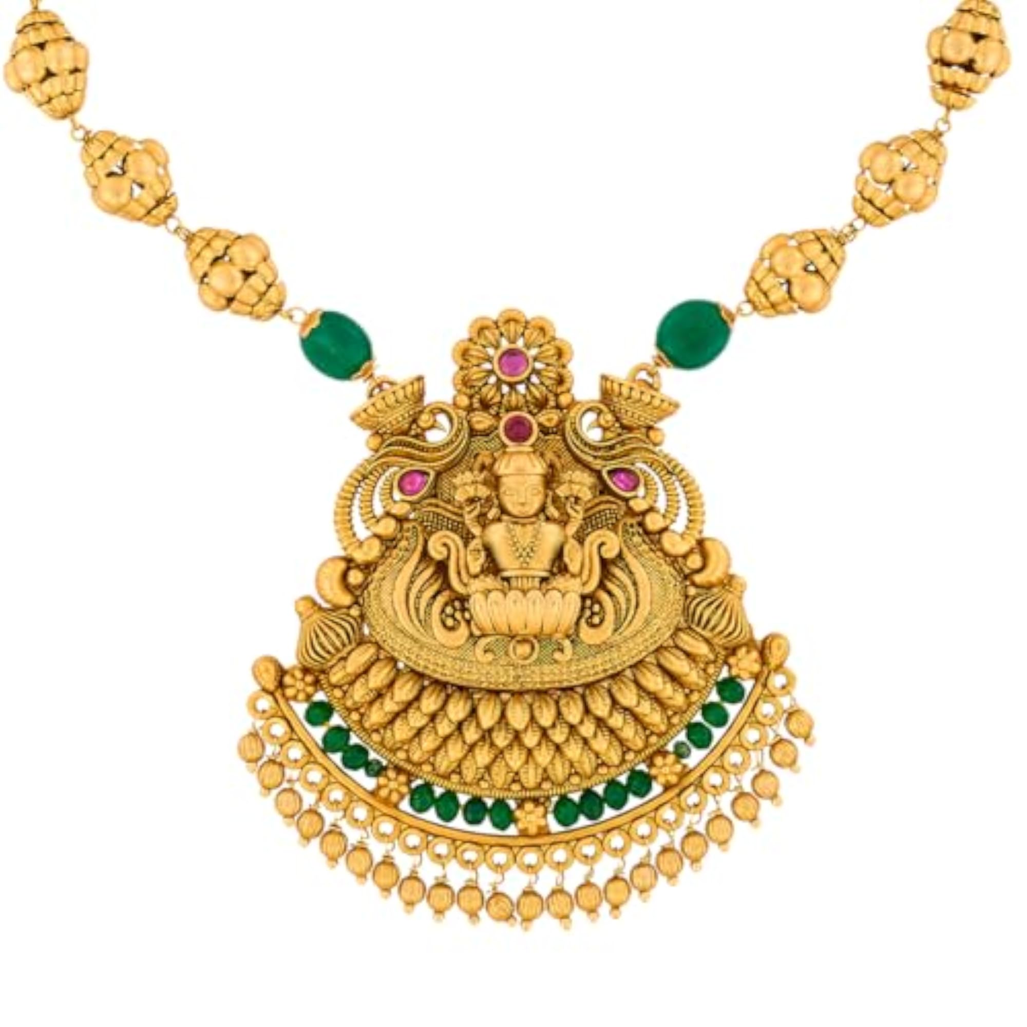 Women's Ruby-Green Gold Plated Antique Necklace Set with Stud Earrings