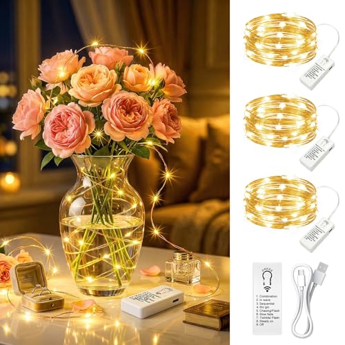 HXWEIYE 3 Pack USB Rechargeable Twinkle Fairy Lights with Timer 7ft 20 LED Waterproof Silver Copper Wire String Lights for DIY Crafts Mason Jar Centerpiece Mini Christmas Tree (Warm White)