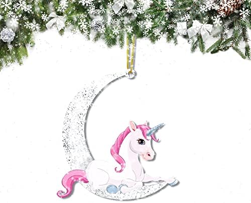Animals Sitting On The Moon Ornaments for Christmas Tree Winter Wooden Hanging Pendant for Christmas Tree Decoration (Dreamy Unicorn)