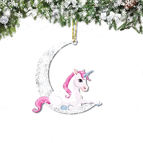 Animals Sitting On The Moon Ornaments For Christmas Tree Winter Wooden Hanging Pendant For Christmas Tree Decoration (Dreamy Unicorn) #TOP24