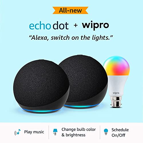 Image of Echo Dot (5th Gen, Black) gift twin pack with Wipro 9W LED Smart Color Bulb