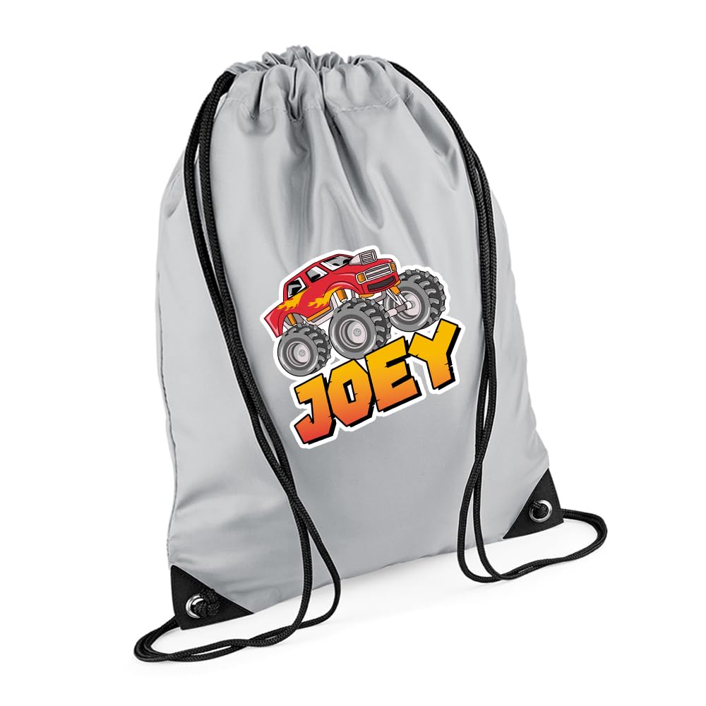 Getagift Personalised Monster Truck Gift – Custom Name Design, Ideal for Boys, PE Gym Kit Swimming, Sport Rucksack. (Light Grey)