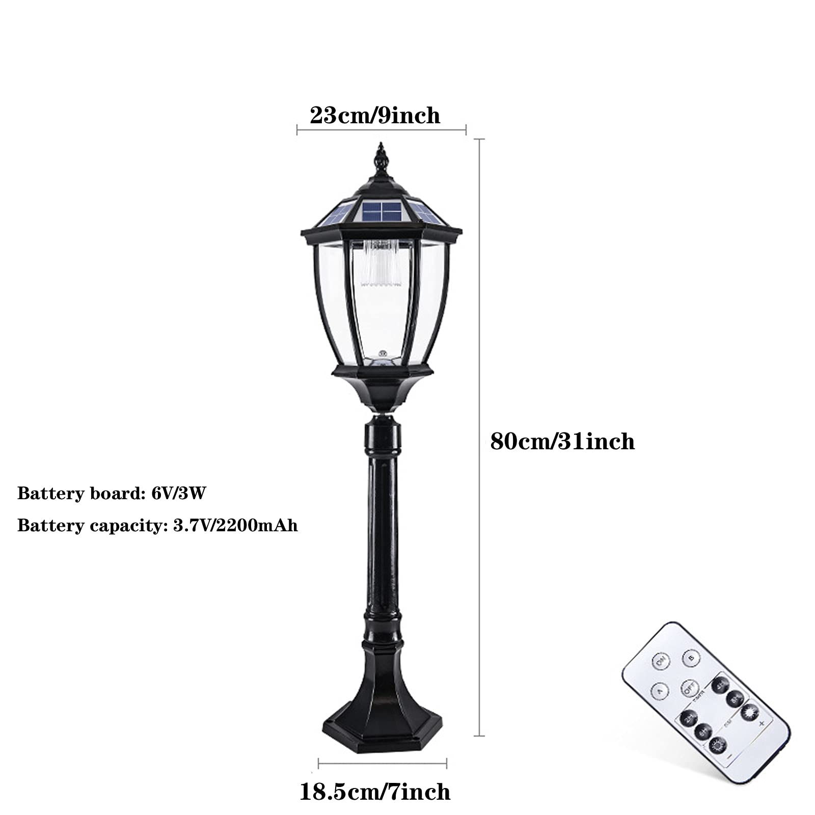 Latarnia ogrodowa w stylu vintage, z pilotem zdalnego sterowania i czujnikiem zmierzchu, IP65, aluminiowa, lampa ogrodowa, na taras, chodniki, wysokość 80 cm, czarna