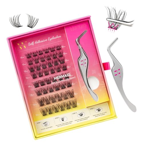 Self Adhesive Eyelashes False Eyelashes 48pcs Reusable Adhesive Eyelashes No Glue Needed Black for diy Lash Extention at Home By W(MERMAID,D-Mix10-16mm Kit)