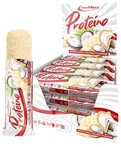 IronMaxx Proteino Proteinriegel 12x30g - White Choc Coconut | High Protein Bar mit cremiger Füllung auf Waffelbasis | Zuckerreduziert glutenfrei palmölfrei Fitness Snack
