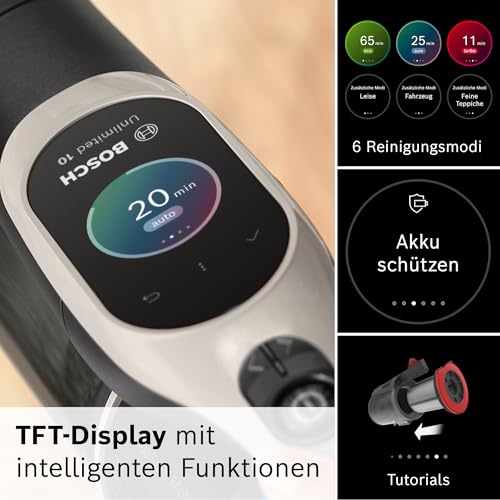 Bosch Akku-Staubsauger Unlimited 10 BKS1051GQC, kabellos, MicroClean Technology, TFT-Display, Staubkomprimierung, HEPA-Filtersystem, 10 J. Motorgarantie, 4 Ah Akku, LED-Licht, Schnellladegerät, grau