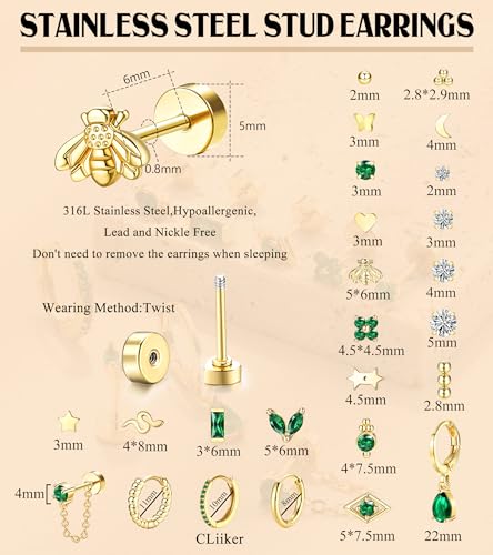 Gold Flat Back Earrings for Women Hypoallergenic Surgical Steel Earrings for Sensitive Ears 20G Small Stainless Steel Flatback Stud Hoop Cartilage Earring Set for Multiple Piercing Helix/Tragus/Conch4