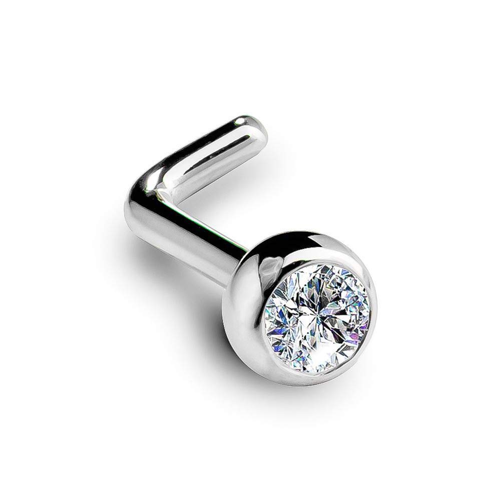 14K White Gold Diamond Nose Ring L-Shape with Bezel Setting - 18 Gauge, I1