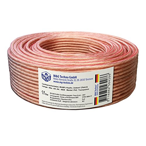 M&G Techno - Cable de altavoz (cable simple, 30 m, 2 x 4 mm2, cobre auténtico, redondo, transparente, con marca de metros) Fabricado en Alemania.