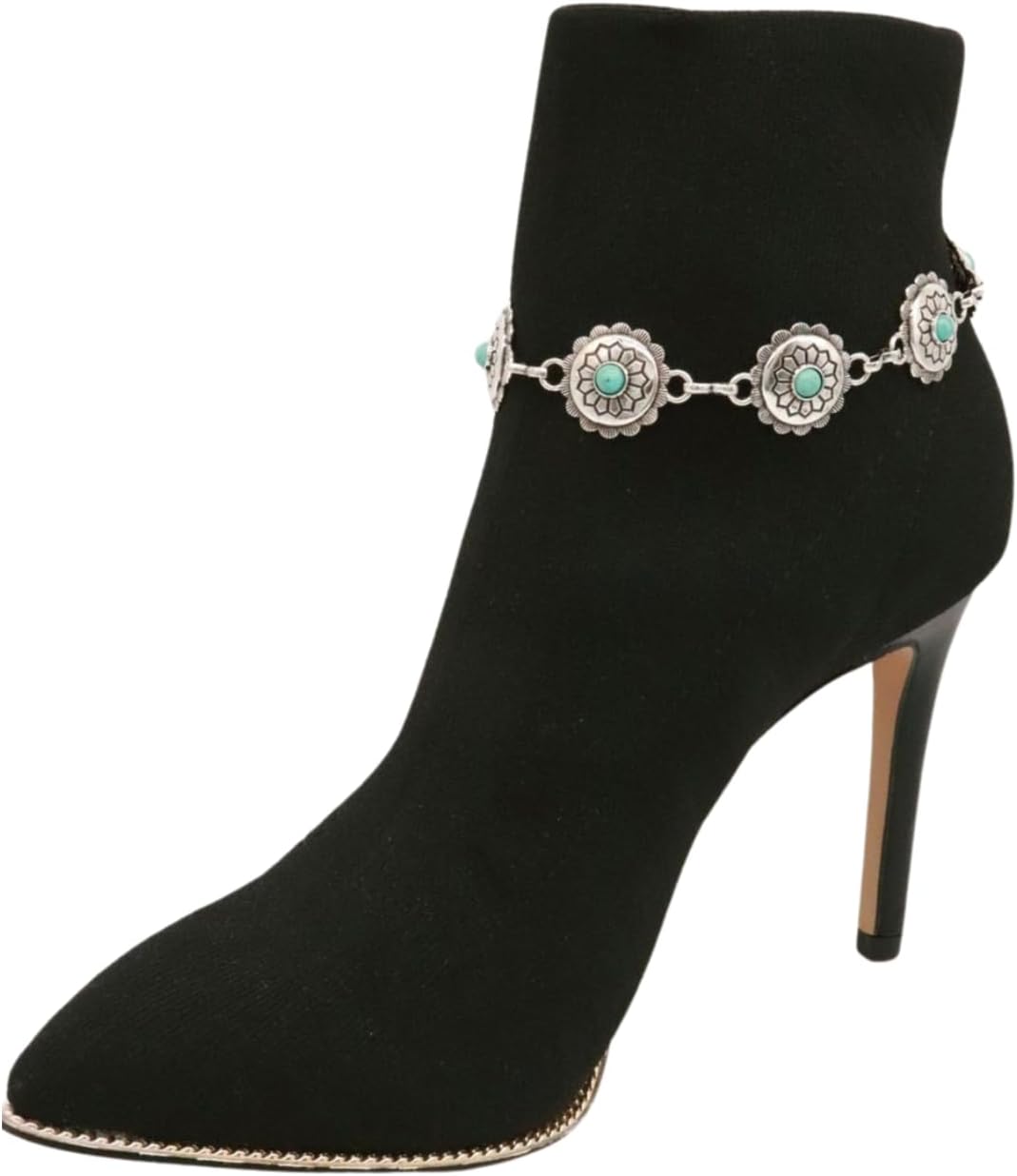 TrendyFashionJewelry Women's Western Boot Bracelet – Silver Chain Anklet with Turquoise Blue Beads Flower Charms – Adjustable One-Side Strap Shoe Anklet