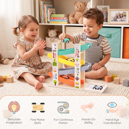 Wooden Car Tracks for Toddlers 1-3, Race Cars Ramp Track with 4 Mini Cars :D91110CG - image 3
