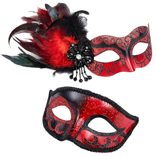 MYSEUNI 2025 New Masquerade Venetian Mask Couples with Feathers - Red Masquerade Mask for Women & Mens Costume for Halloween Carnivals Cosplay Party Ball Prom