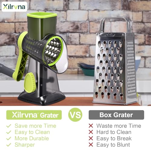 Image of Rotary Cheese Grater with Handle Kitchen Shredder Slicer Grater Slicer Ice Shaver Cheese Vegetable Nuts Potato Zucchini Chocolate 3 Interchangeable Blades (Green TSP)