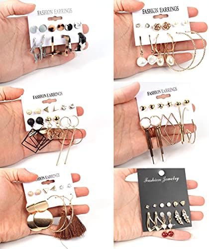 LOLIAS 36 Pairs Fashion Earrings Set for Women Bohemian Dangle Tassel Earring Packs Acrylic Pearl Hoop Earrings Cute Small Ball Heart Moon CZ Stud Earrings for Birthday Gifts