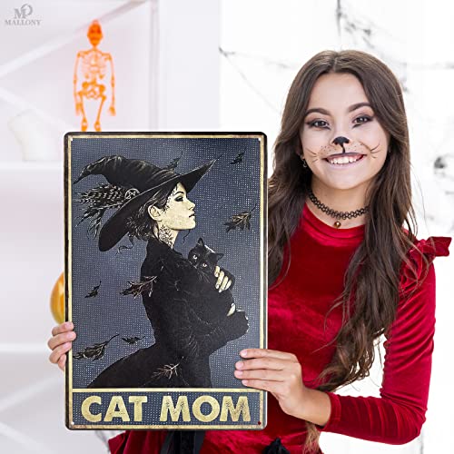 Mallony Cat Decor For Cat Lovers Metal Sign - Witch Cat Mom Metal Wall Art Tin Sign Indoor Halloween Decor Outdoor Black Cat Decor Coffee Bar Retro Home Decor - 8X12 Inch Kitchen Wall Decor Plate #TOP6