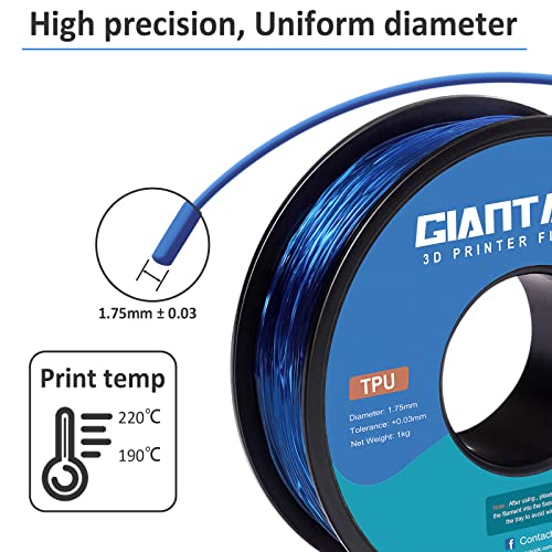 Image of GIANTARM TPU Filament 1.75mm Flexible Soft 3D Printer Consumables Blue,95A 1kg Spool (2.2 lbs.), Dimensional Accuracy + /- 0.05 mm