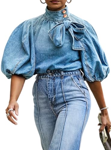 Womens Denim Shirt Button Down Mock Neck Jean Blouse Puff Sleeve Bow Tie Casual Blouses Tops