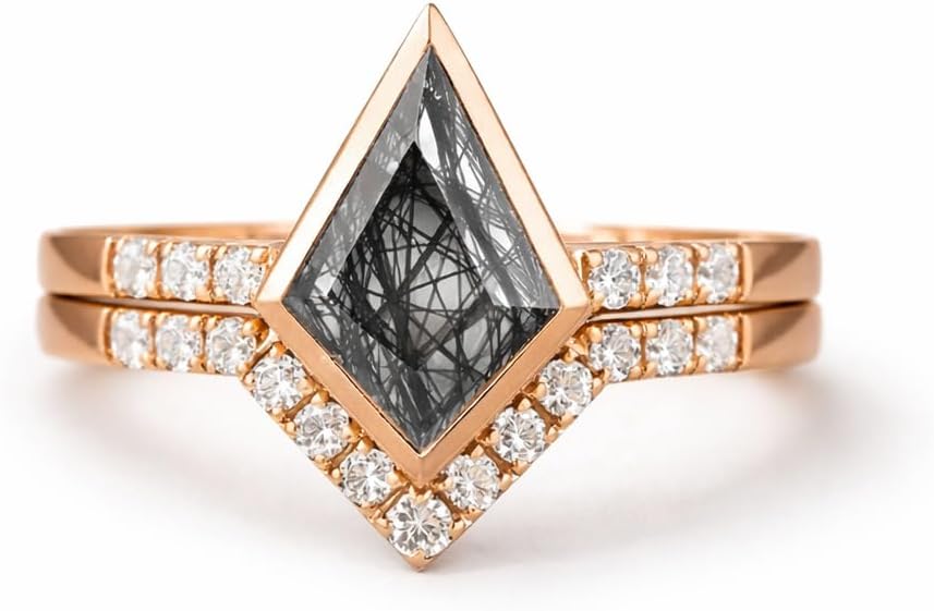Kite Cut Black Rutilated Quartz Engagement Ring Set for Women 14K Rose Gold Diamond Halo Bridal Set Unique Wedding Ring Alternative Promise Jewelry Gift for Wife