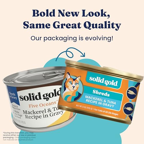 Image of Solid Gold Wet Cat Food Shreds in Gravy - Canned Cat Food Made w /Real Tuna & Mackerel - Five Oceans Grain Free 16ct /6oz Can