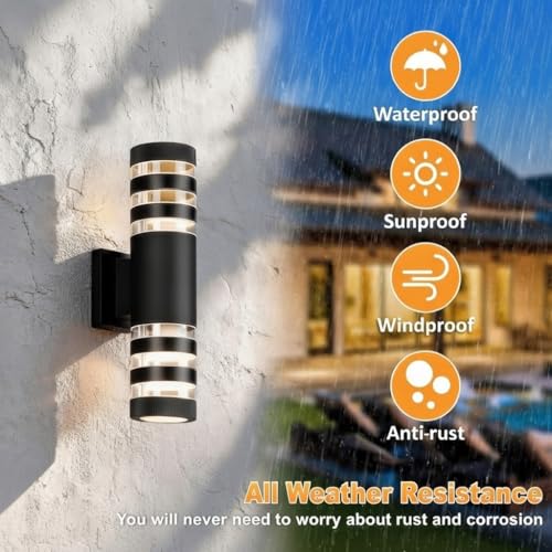 Image of Up and Down Outdoor Wall Light, 15 Inch Cylindrical Porch Wall Sconce, IP65 Waterproof Matte Black Exterior Wall Lamp, Modern Cylinder Wall Mount Light for Patio Garden Garage Villa, 2-Pack