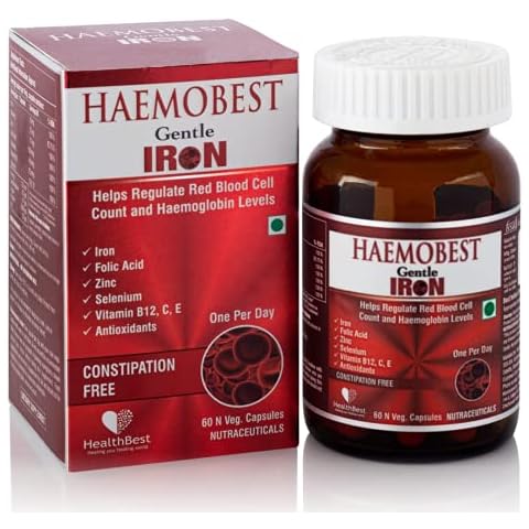HealthBest Haemobest Iron Power Capsules - 60 Count - Boost Hemoglobin, Gentle on Stomachs - Non-Constipating Formula - Enhances Red Blood Cells Suppor Cover