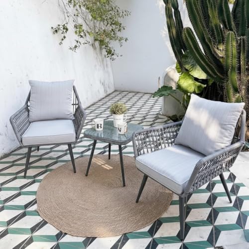 Image of LOCCUS 3 PCS Outdoor Rattan Furniture Set, Patio Wicker Bistro Chairs with Glass Table, All-Weather Conversation Set for Balcony, Terrace & Backyard (Grey)