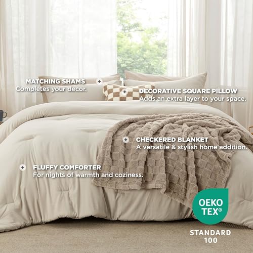 Bedsure Comforter Full Size 5 Pieces - Full Size Comforter Set with Checkered Throw Blanket and Decorative Pillow, Lightweiget Bedding, All Season Bedding Sets, Linen Beige