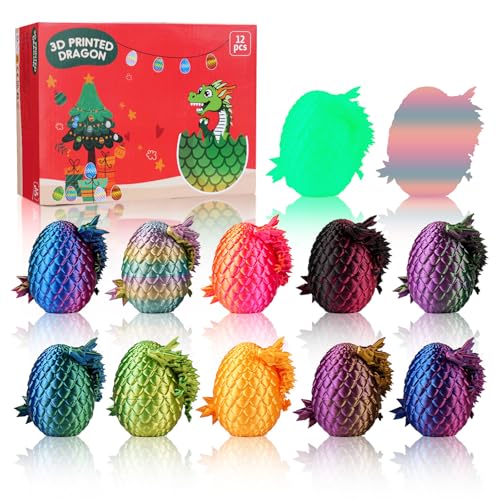JOMBY 12PCS 3D Printed Dragon Eggs with Dragon Inside, Christmas Stocking Stuffers for Kids Boys, Articulated Crystal Fidget Toy for for Kids & Adults Gifts Christmas Ornament & Stocking Stuffers