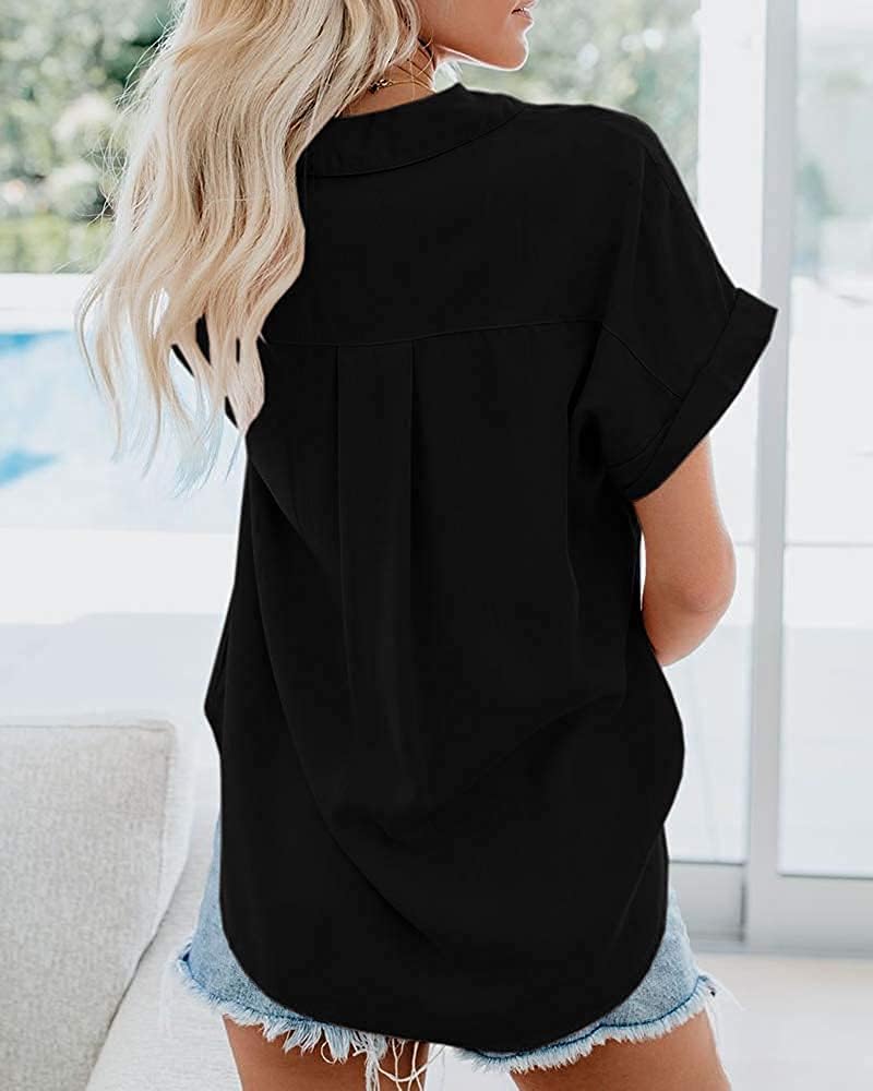 Womens Short Sleeve Casual Button Down Shirts Summer Soft Fashion Cotton Blouses Tops with Pocket - Image 3