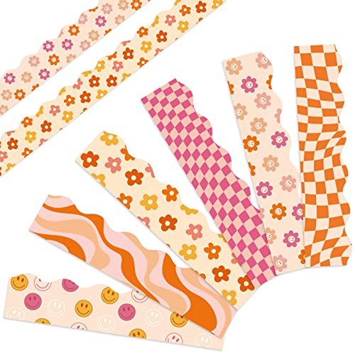 Image of Whaline 82Ft Boho Bulletin Board Borders Retro Groovy Daisy Flower Checkered Scalloped Border Trim Stickers 70s Hippie Preppy Classroom Decor for School Office Party Decoration