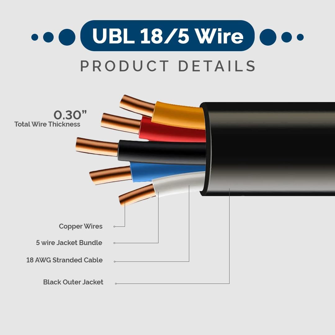 UBL Cable eléctrico automotriz 18/5, cable trenzado de 18 AWG, cable LED flexible de bajo voltaje, la mejor opción para alimentar sirenas de alto amperaje o barra de luz (10 pies)