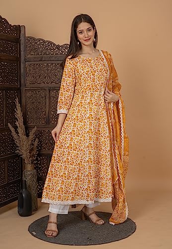 Image of MEERA FAB Women's Cotton Printed Anarkali Kurta with Palazzo & Dupatta Set