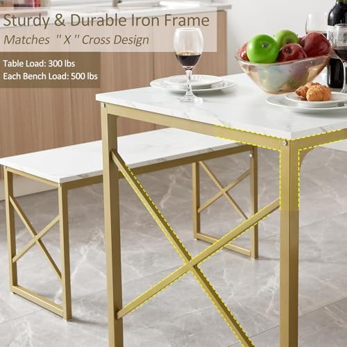 Image of VECELO 43.3 inch Kitchen Dining Table Set for 4, Heavy-Duty Steel Frame & Wood-Grain Tabletop, Space-Saving Dinette Sets with 2 Benches for Breakfast Nook and Small Space, Golden