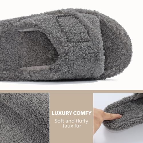 Litfun Womens Fuzzy Arch Support Slippers Orthopedic Comfy Adjustable Open Toe House Shoes, New Grey 384