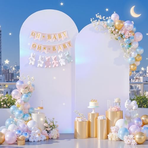 Image of Silver White Arch Covers 7.2 and 6ft Sequin Sparkly Birthday Party Arch Backdrop Covers Set of 2 Spandex Shimmer Balloon Arch Stand Cover for Wedding Bridal Shower Baby Shower Photo Arches Background